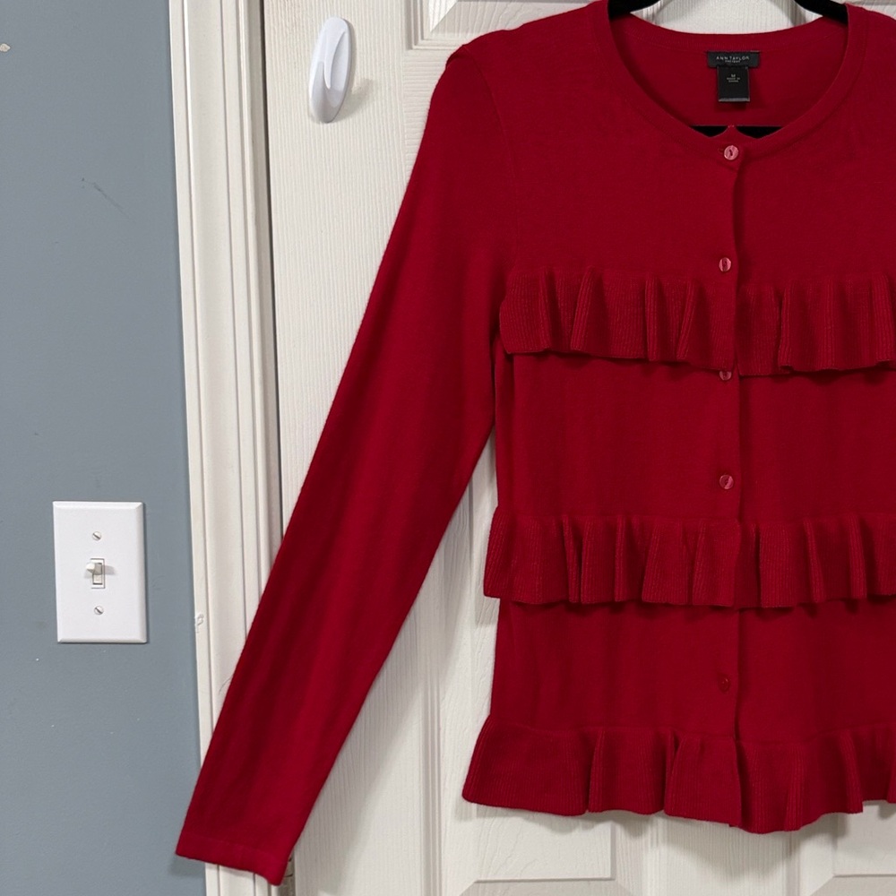 Ann Taylor Red Ruffled Button Down Sweater Holiday Cocktail Party Office - Picture 7 of 15